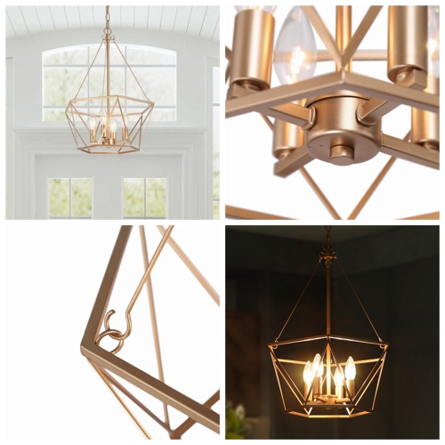 Modern Gold Dining Room Chandelier, 4-Light Farmhouse Cage Bedroom Chandelier Pendant Lighting