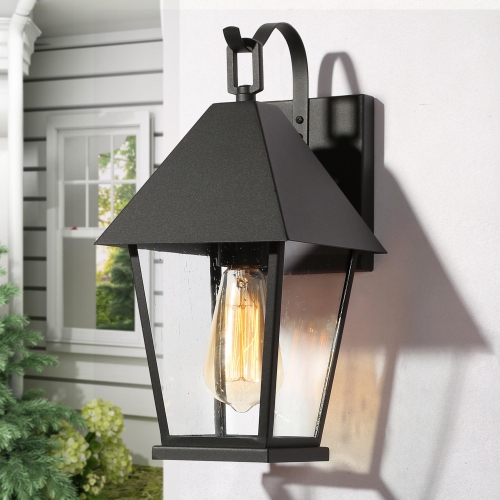UOLFIN  Modern Farmhouse 1-Light Matte Hardwired Outdoor Wall Lantern Sconce With Seeded Glass Shade In Black