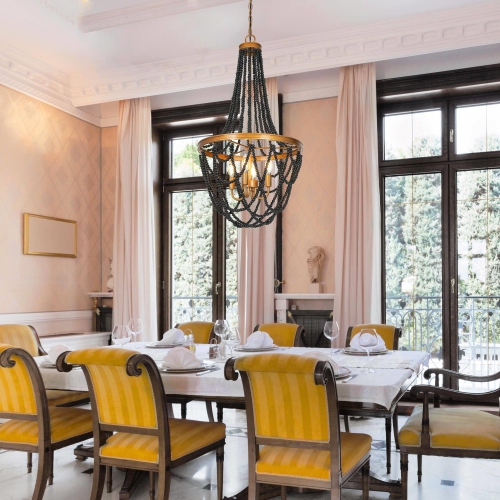 Modern Farmhouse Tiered Beaded Chandelier, 4-Light Black Transitional Candlestick Boho Chandelier with Wood Beads