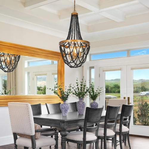 Modern Farmhouse Tiered Beaded Chandelier, 4-Light Black Transitional Candlestick Boho Chandelier with Wood Beads