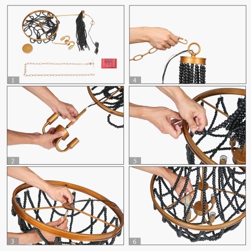 Modern Farmhouse Tiered Beaded Chandelier, 4-Light Black Transitional Candlestick Boho Chandelier with Wood Beads