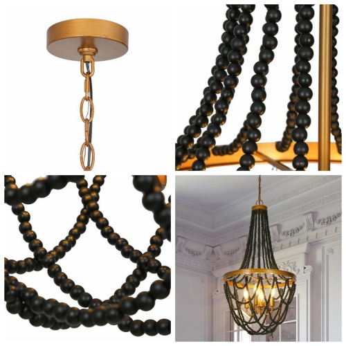 Modern Farmhouse Tiered Beaded Chandelier, 4-Light Black Transitional Candlestick Boho Chandelier with Wood Beads