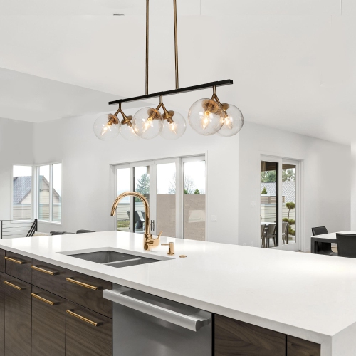 Modern Farmhouse Black Chandelier, 6-Light Black and Brass Gold Dining Room Island Chandelier with Seeded Glass Shade