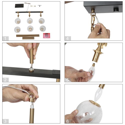 Modern Farmhouse Black Chandelier, 6-Light Black and Brass Gold Dining Room Island Chandelier with Seeded Glass Shade