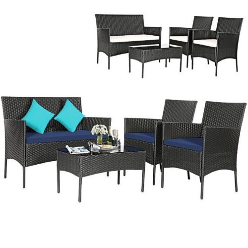 GYMAX  4PCs Outdoor Furniture Set Patio Rattan Conversation Set W/ Navy & Off Cushion In White