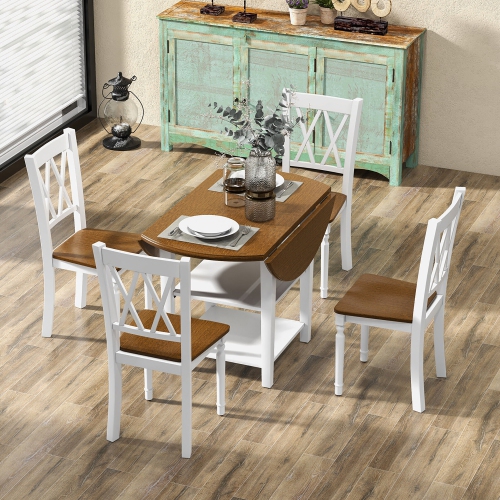 Gymax 5 Piece Round Dining Kitchen Set w/ Drop Leaf Dining Table Folded & 4 Chairs