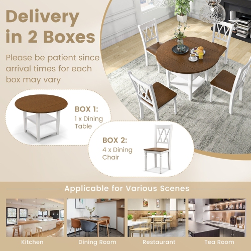 Gymax 5 Piece Round Dining Kitchen Set w/ Drop Leaf Dining Table Folded & 4 Chairs