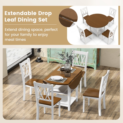 Gymax 5 Piece Round Dining Kitchen Set w/ Drop Leaf Dining Table Folded & 4 Chairs