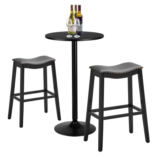 GYMAX  3 Pieces Pub Dining Table Set Round Bar Table W/ 2 Upholstered Saddle Stools