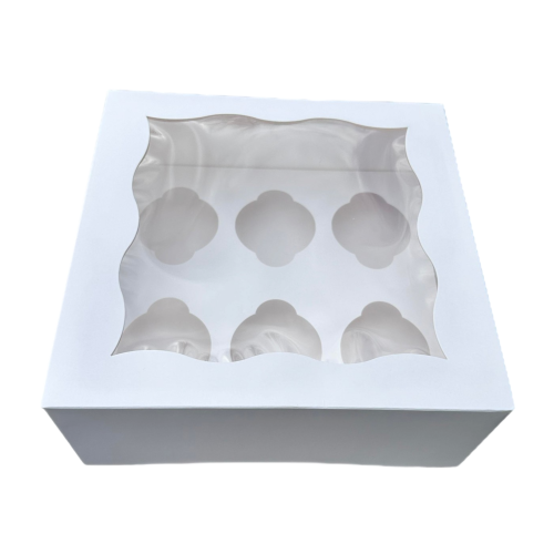 Image 1 de 1.. Boîte à petits gâteaux avec fenêtre blanche avec insertion – 6 fentes – Paquet de 25