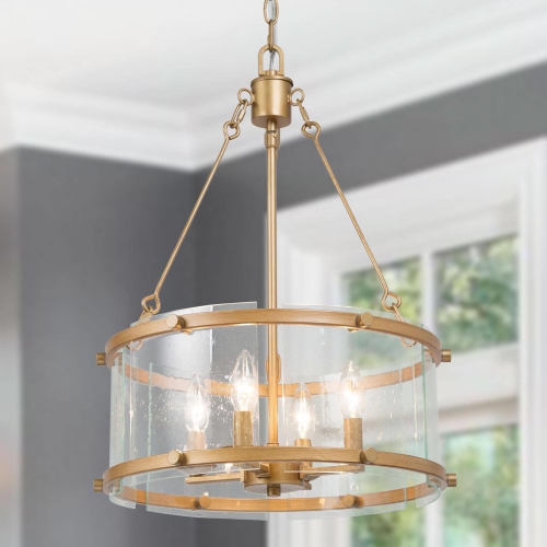 Image 1 of 8.. Modern Dining Room Drum Chandelier 4-Light Antique Gold Round Chandelier With Seeded Glass Plates