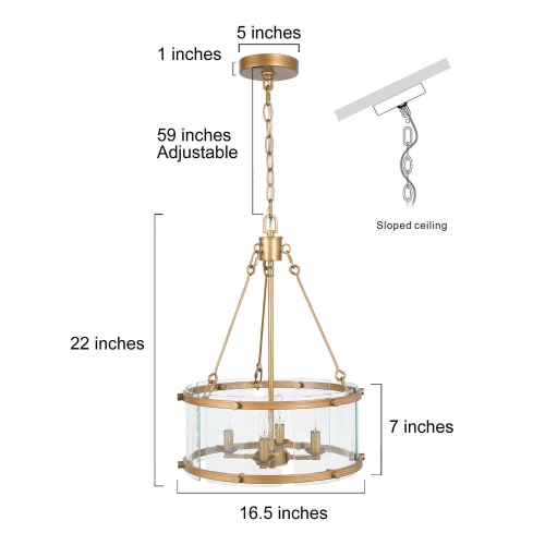 Modern Dining Room Drum Chandelier 4-Light Antique Gold Round Chandelier With Seeded Glass Plates