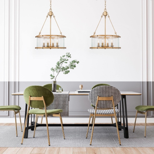 Modern Dining Room Drum Chandelier 4-Light Antique Gold Round Chandelier With Seeded Glass Plates