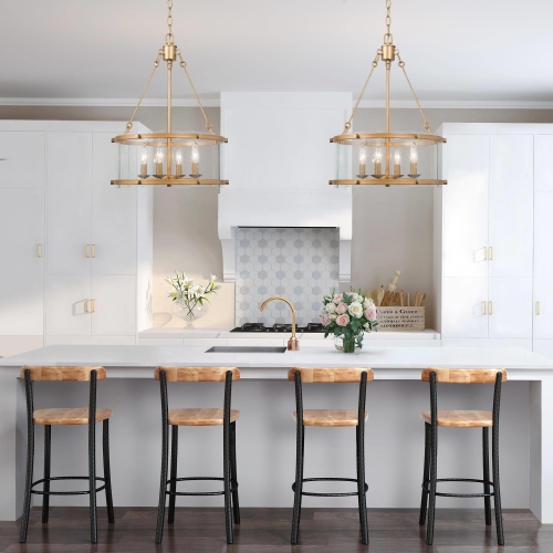 Modern Dining Room Drum Chandelier 4-Light Antique Gold Round Chandelier With Seeded Glass Plates