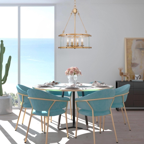 Modern Dining Room Drum Chandelier 4-Light Antique Gold Round Chandelier With Seeded Glass Plates