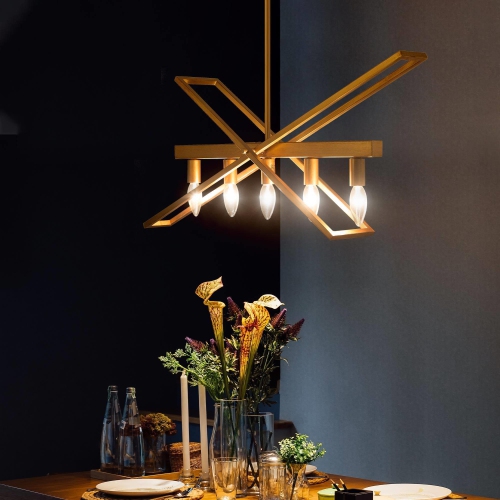 Geometric Brushed Deep Gold Chandelier, Modern 5-Light Island Farmhouse Chandelier Ceiling Light