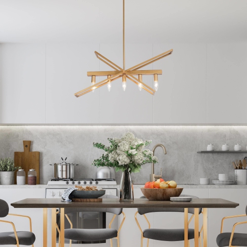 Geometric Brushed Deep Gold Chandelier, Modern 5-Light Island Farmhouse Chandelier Ceiling Light