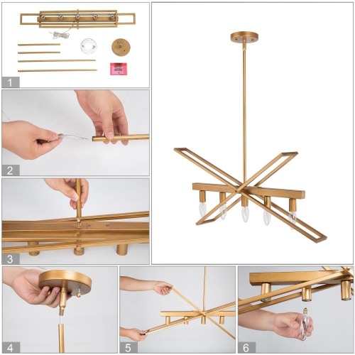 Geometric Brushed Deep Gold Chandelier, Modern 5-Light Island Farmhouse Chandelier Ceiling Light