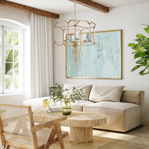 Modern Gold Drum Island Pendant Light, 4-Light Brushed Gold Cage Dining Room Chandelier