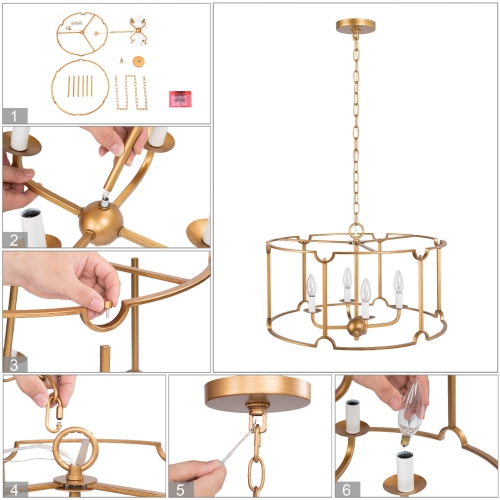 Modern Gold Drum Island Pendant Light, 4-Light Brushed Gold Cage Dining Room Chandelier