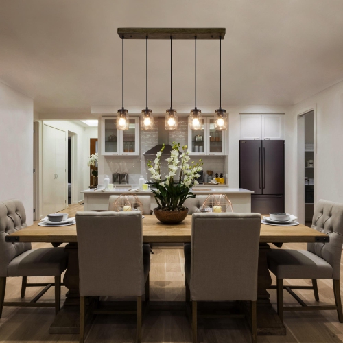 Modern Mason Jar Chandelier Light, 5-Light Black Linear Island Pendant Light with Faux Wood Accent