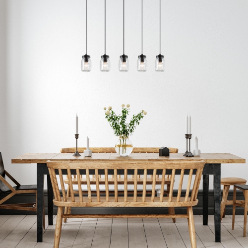 Modern Mason Jar Chandelier Light, 5-Light Black Linear Island Pendant Light with Faux Wood Accent