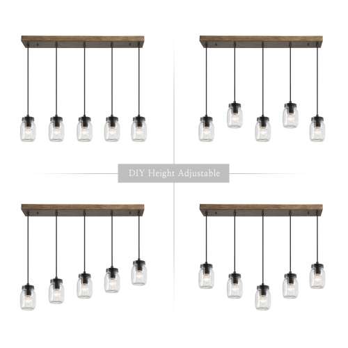 Modern Mason Jar Chandelier Light, 5-Light Black Linear Island Pendant Light with Faux Wood Accent