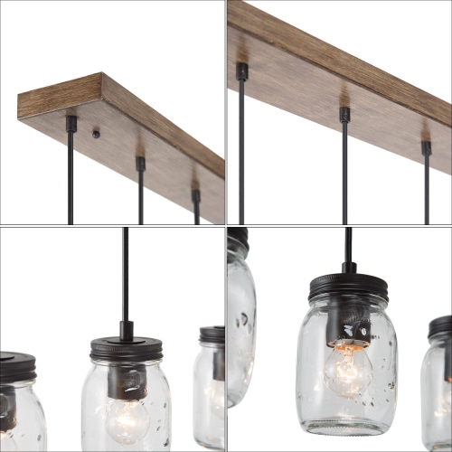 Modern Mason Jar Chandelier Light, 5-Light Black Linear Island Pendant Light with Faux Wood Accent
