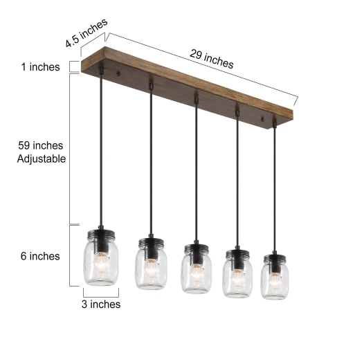 Modern Mason Jar Chandelier Light, 5-Light Black Linear Island Pendant Light with Faux Wood Accent