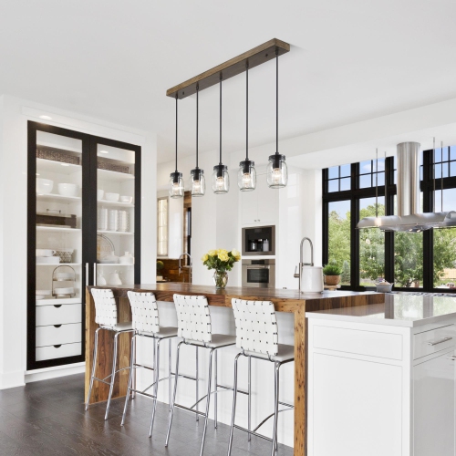 Modern Mason Jar Chandelier Light, 5-Light Black Linear Island Pendant Light with Faux Wood Accent