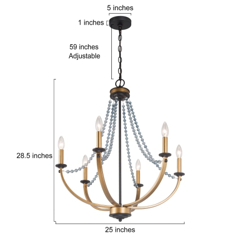 Modern Dining Room Chandelier 5-Light Black and Gold Candlestick Chandelier with Crystal Beads