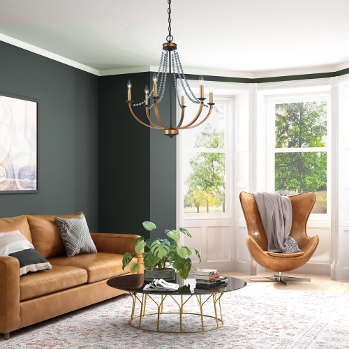 Modern Dining Room Chandelier 5-Light Black and Gold Candlestick Chandelier with Crystal Beads