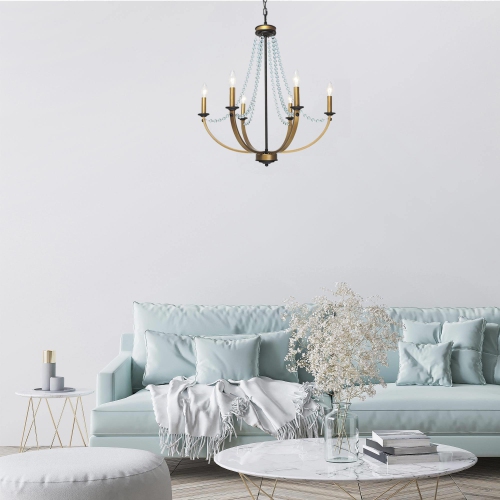 Modern Dining Room Chandelier 5-Light Black and Gold Candlestick Chandelier with Crystal Beads