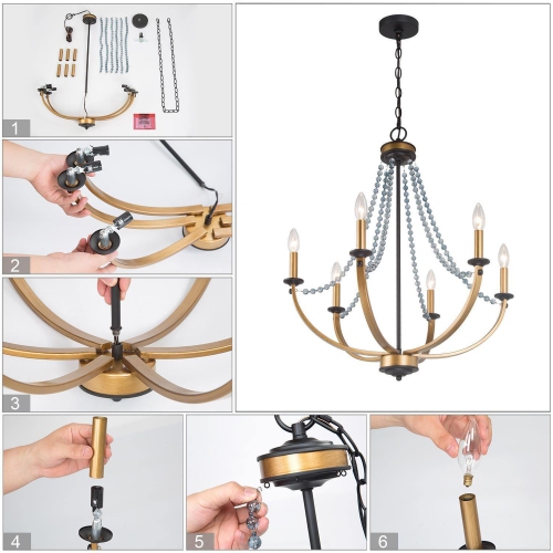 Modern Dining Room Chandelier 5-Light Black and Gold Candlestick Chandelier with Crystal Beads
