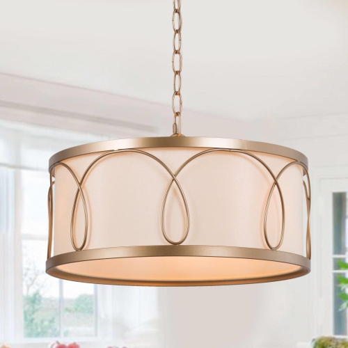 Brass Drum Cage Chandelier, 3-Light Modern Farmhouse Gold Round Pendant Light with Fabric Shade