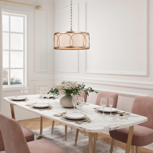 Brass Drum Cage Chandelier, 3-Light Modern Farmhouse Gold Round Pendant Light with Fabric Shade