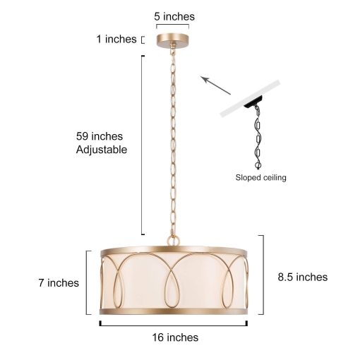 Brass Drum Cage Chandelier, 3-Light Modern Farmhouse Gold Round Pendant Light with Fabric Shade