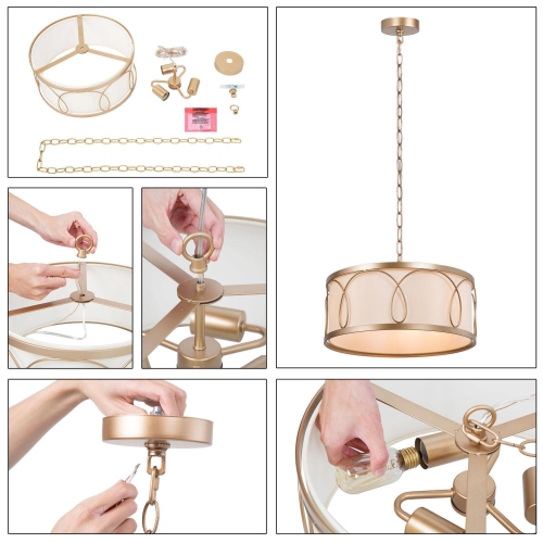 Brass Drum Cage Chandelier, 3-Light Modern Farmhouse Gold Round Pendant Light with Fabric Shade