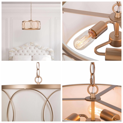 Brass Drum Cage Chandelier, 3-Light Modern Farmhouse Gold Round Pendant Light with Fabric Shade