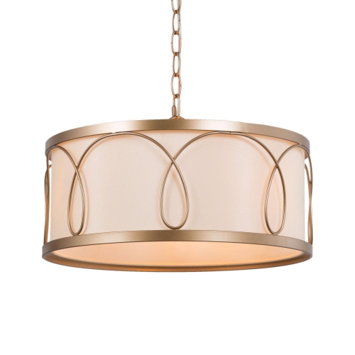 Brass Drum Cage Chandelier, 3-Light Modern Farmhouse Gold Round Pendant Light with Fabric Shade