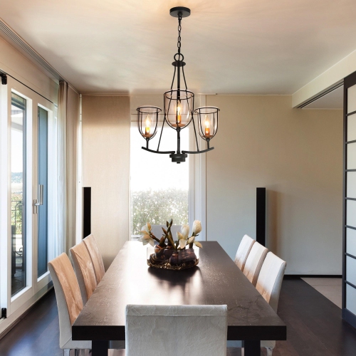Modern Industrial Black Island Chandelier, 3-Light Farmhouse Gold Candlestick Chandelier Light with Clear Glass Shade