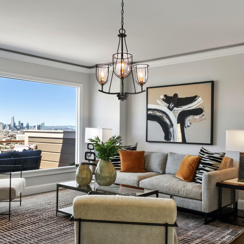 Modern Industrial Black Island Chandelier, 3-Light Farmhouse Gold Candlestick Chandelier Light with Clear Glass Shade