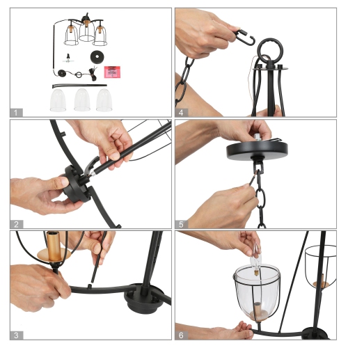 Modern Industrial Black Island Chandelier, 3-Light Farmhouse Gold Candlestick Chandelier Light with Clear Glass Shade