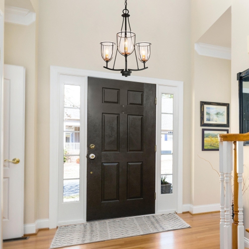 Modern Industrial Black Island Chandelier, 3-Light Farmhouse Gold Candlestick Chandelier Light with Clear Glass Shade