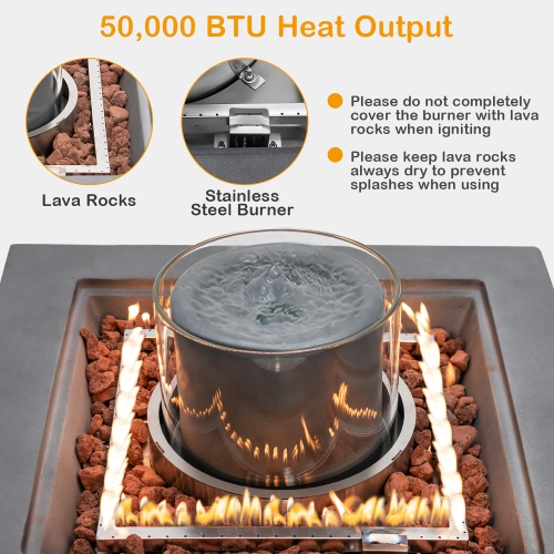 Costway 28" Patio Fountain Fire Pit Table 50,000 BTU Square Propane Fire Pit withPVC Cover