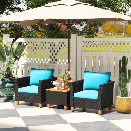 Costway 3PCS Patio Rattan Furniture Set Cushioned Sofa Storage Table with Wood Top