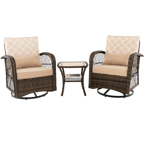 Costway Patio 3PCS Wicker Swivel Rocker Set 2 Rocking Chairs 360 Degrees with Coffee Table