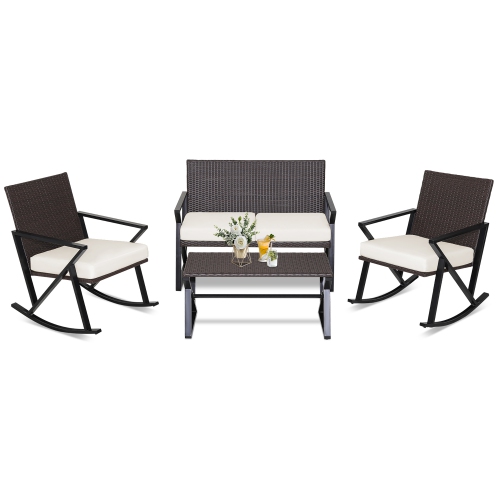 Costway 4PCS Patio Rattan Wicker Rocking Chairs Loveseat Table Rocker Set Cushions Porch