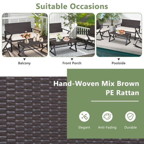 Costway 4PCS Patio Rattan Wicker Rocking Chairs Loveseat Table Rocker Set Cushions Porch