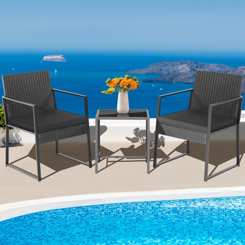 COSTWAY  3PCs Patio Furniture Set Heavy Duty Cushioned Wicker Rattan Chairs Table Outdoor